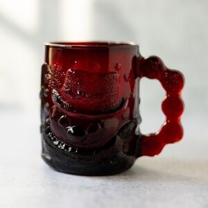 Arcoroc France ruby red snowman Christmas glass mug snowflakes xmas 4 inches